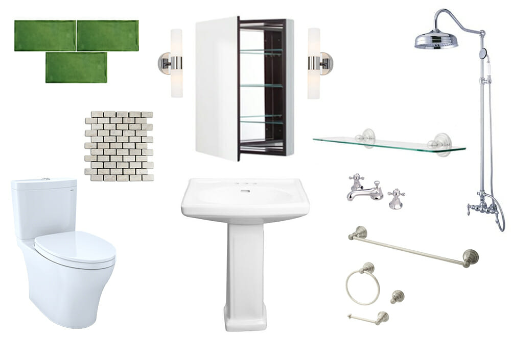 Image of various bathroom products used in small green bathroom