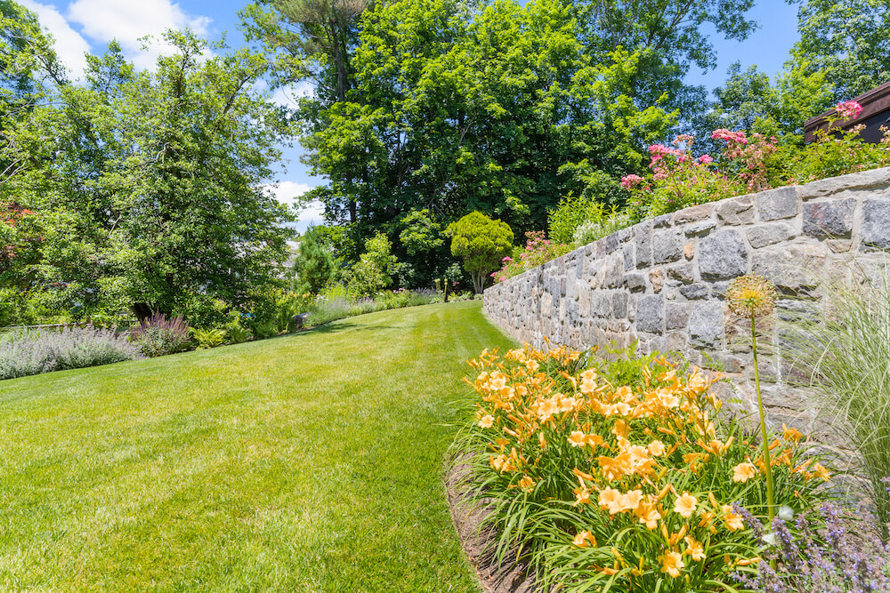 beautiful landscape with garden flowers or flower beds as borders and stone wall after renovation