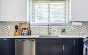 Blue and white kitchen remodeling in maryland with chevron backsplash