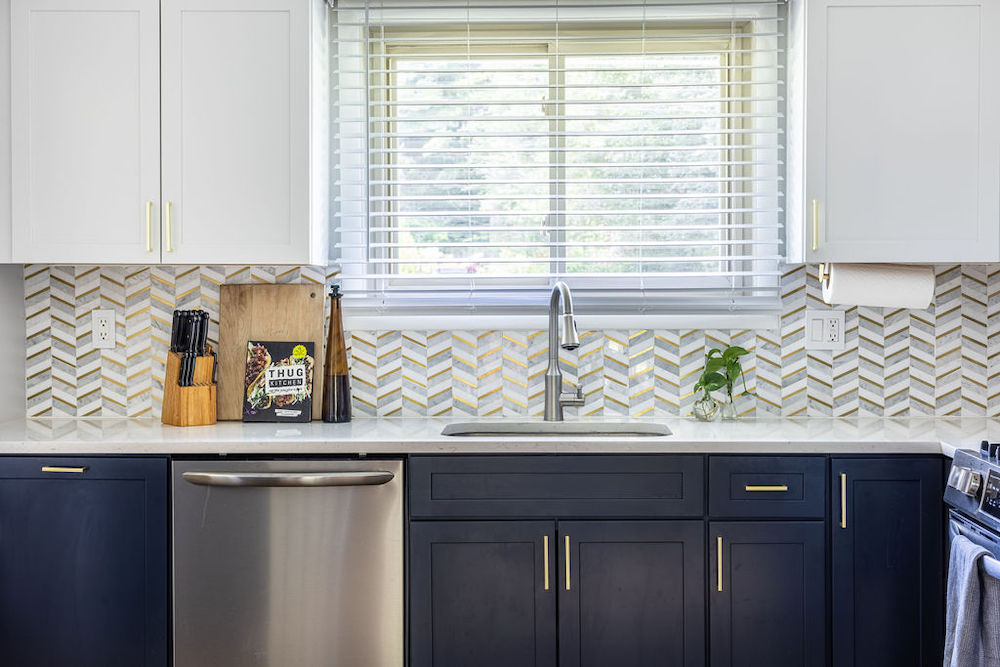 Blue and white kitchen remodeling in maryland with chevron backsplash