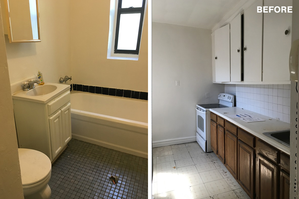 image of bathroom with small floor tiles and bathtub and single vanity with mirror and image of kitchen with electric range and white cabinets and maple wood undercounter cabinets before renovation