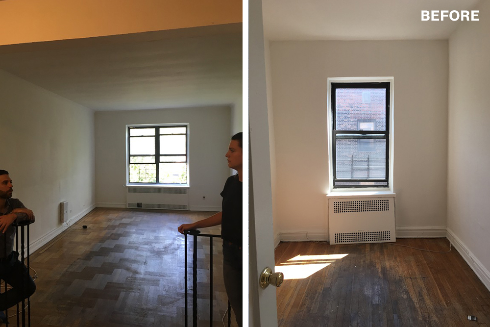 living room with stained hardwood floors and window and a small room with stained hardwood floors and radiator under window before renovation