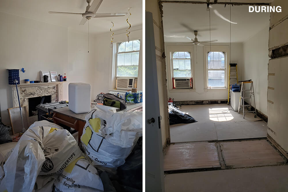 Split image of Alex's living area during renovations