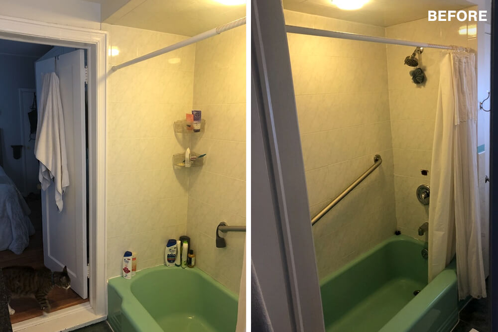 Split image of the shower and tub before the renovation