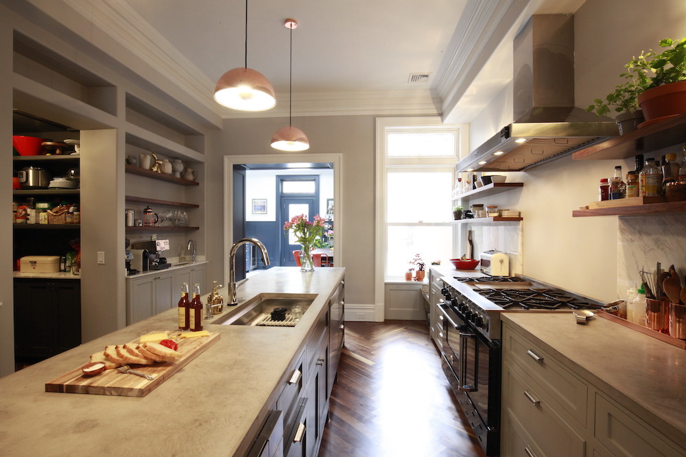 View of the kitchen from between the island and the counter