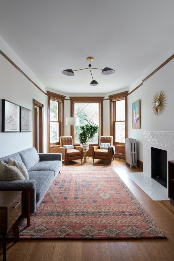 Living area with window alcove and fireplace
