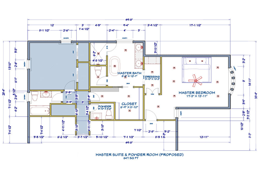 Floor plans for the master suite and powder room