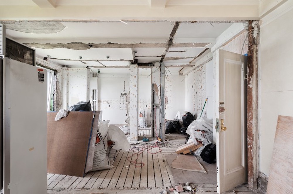 View of a room in the middle of a gut renovation