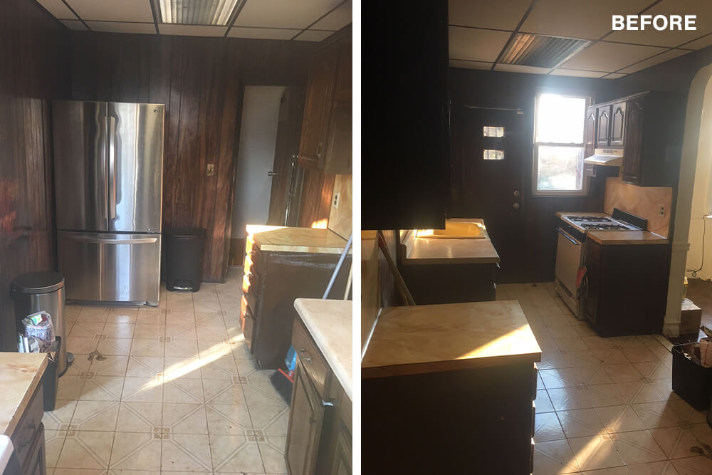 Split image of Tracy's kitchen before the remodel
