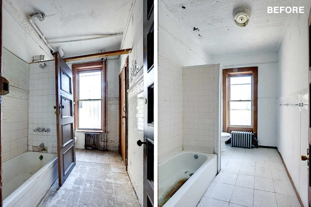 Split image of guest and master baths before renovation