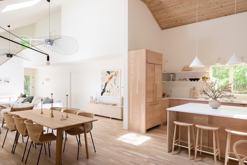 Kitchen and dining with wood and white