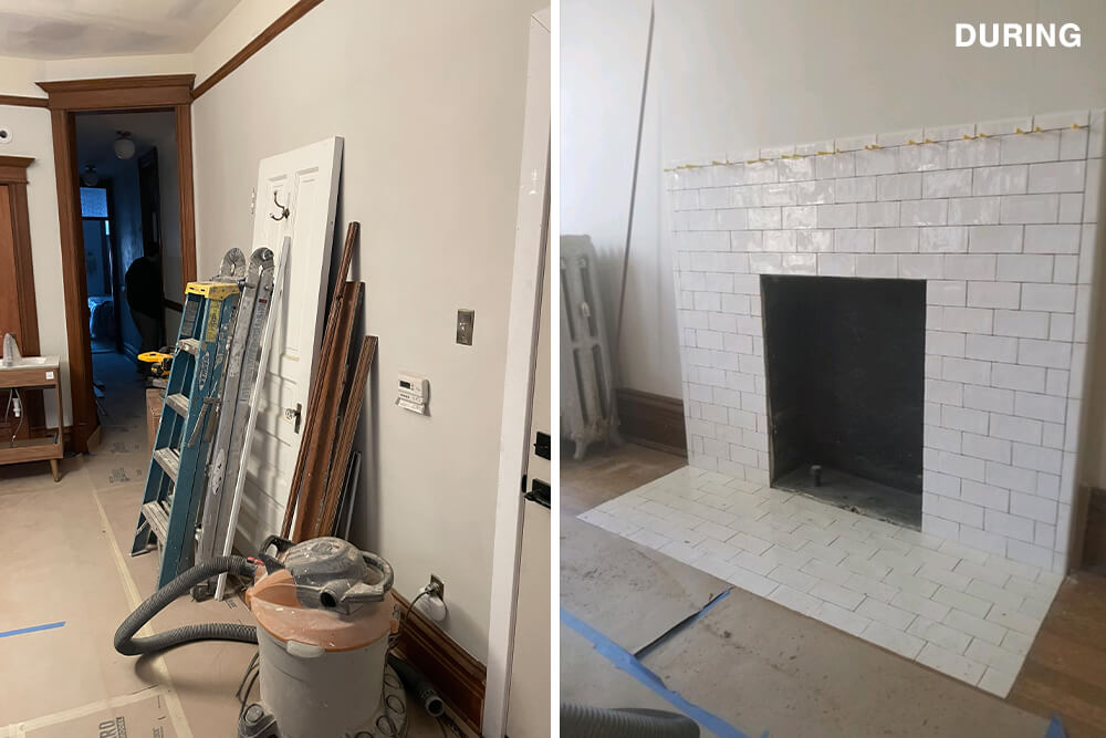 Split image of the entryway and fireplace during renovation