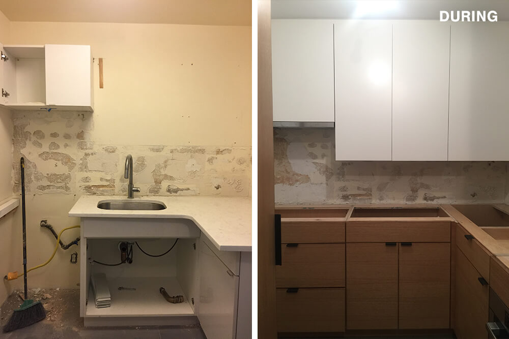 Split image of the kitchen countertops in progress
