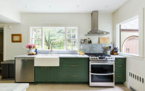 Kitchen with green cabinets