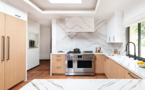 Kitchen with marble counters and wooden cabinet panels