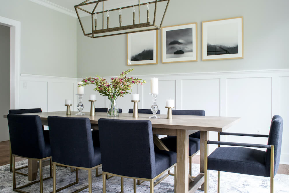 Dining room with wood table and blue upholstered chairs