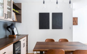 Dining area with hanging pendant lights