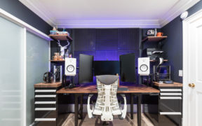 Desk with gaming chair, 3 monitors, and speakers