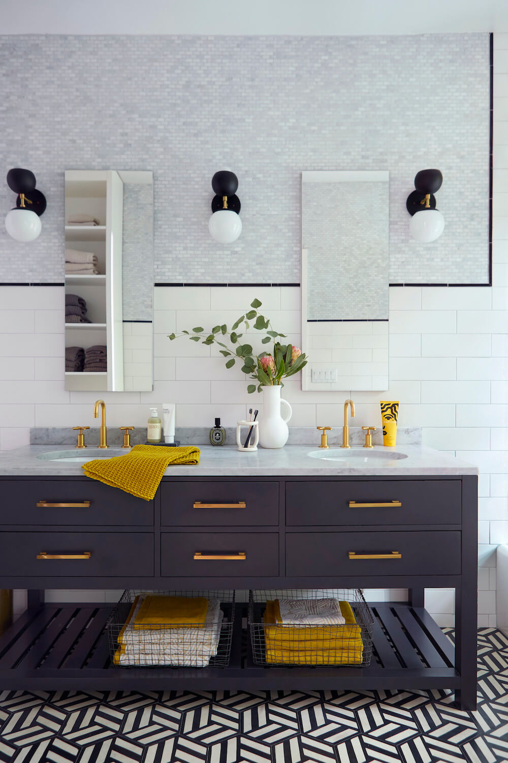 NYC interior design with Double bathroom vanity blue cabinets