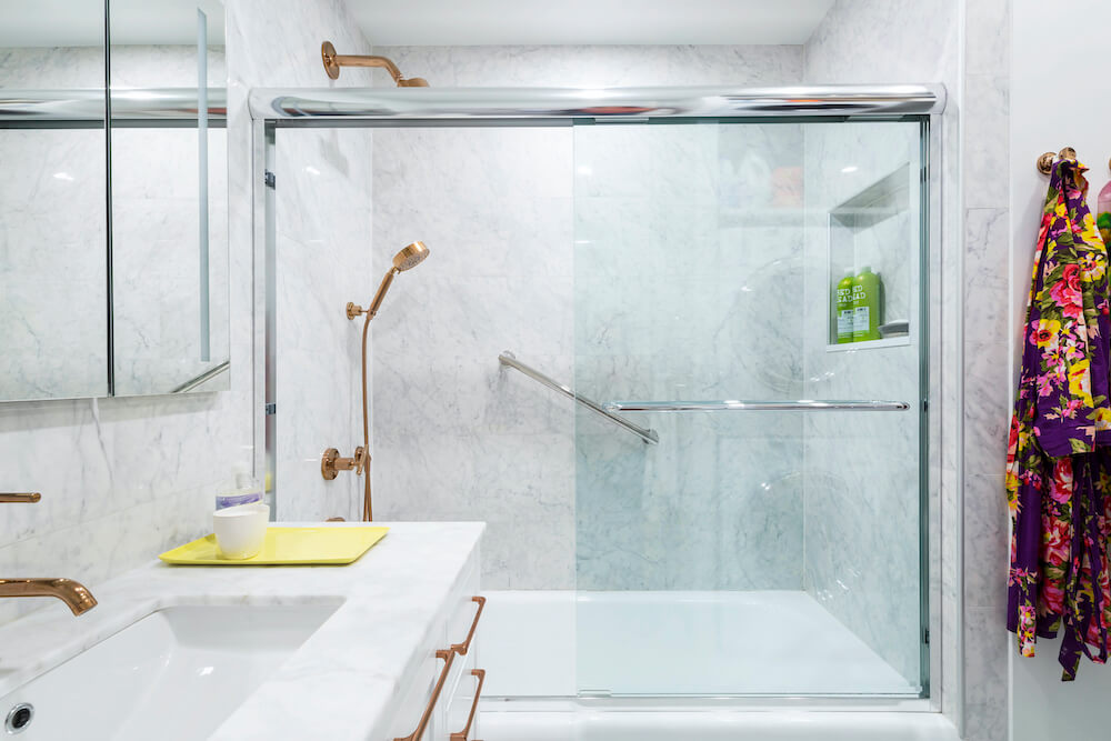 Shower with glass paned doors