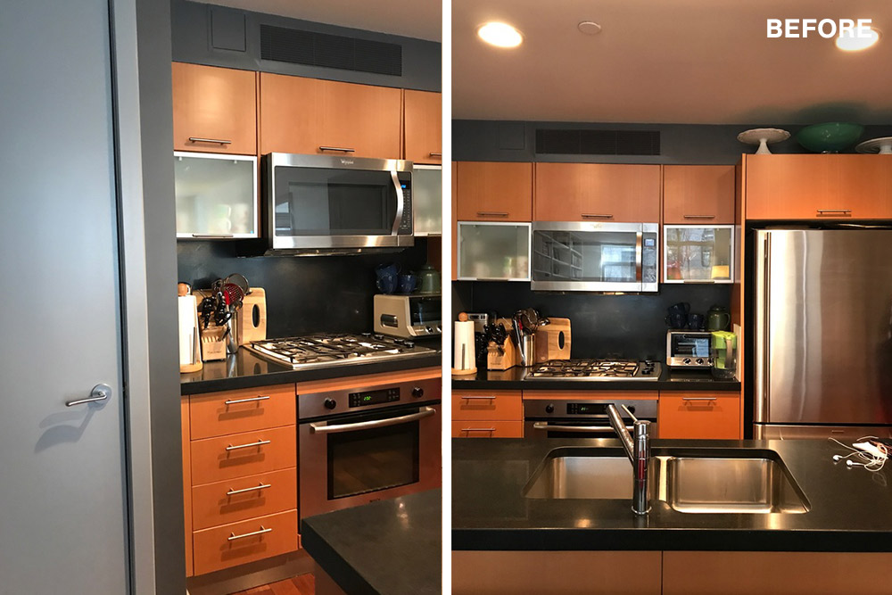 Split image of the kitchen before renovation