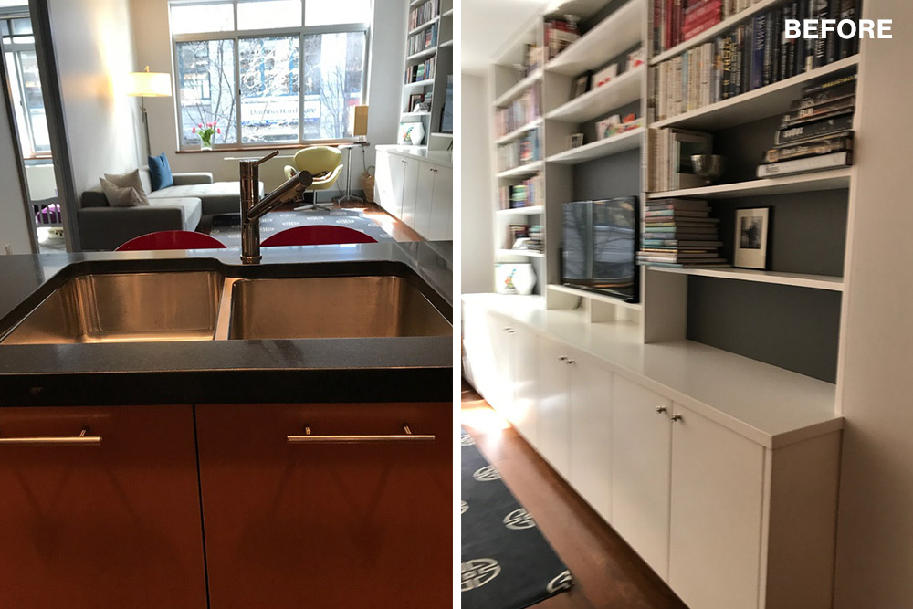 Split image of the study and kitchen before renovation