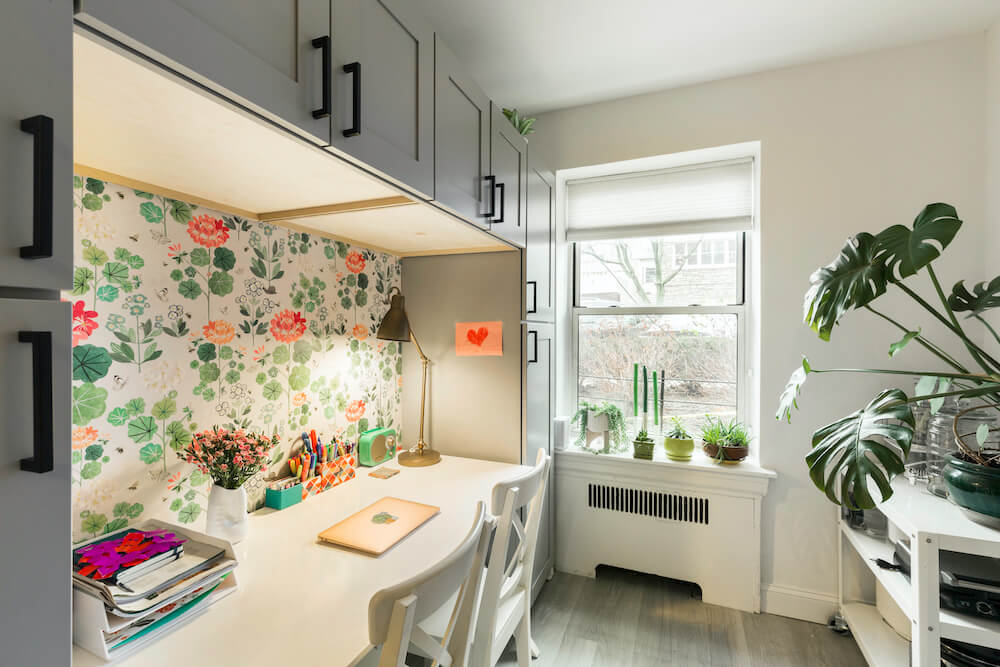 Kitchen desk with floral wallpaper