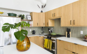 Remodeled kitchen with wood kitchen cabinets and sage green backsplash