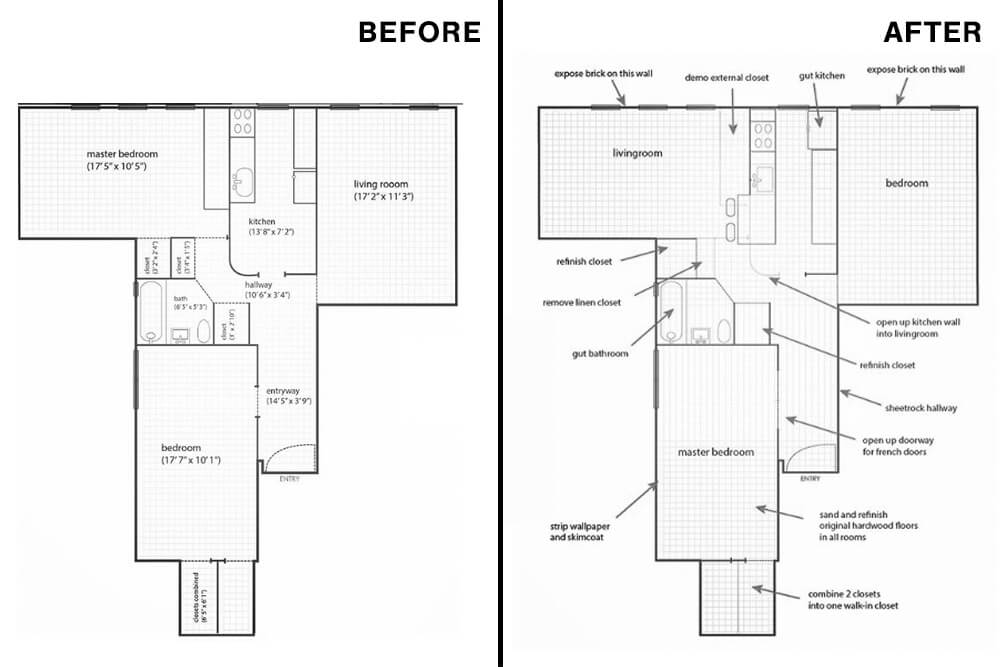 Floor plans before and after the remodel