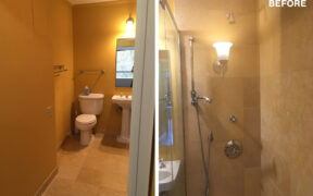Split image of the bathroom before renovations