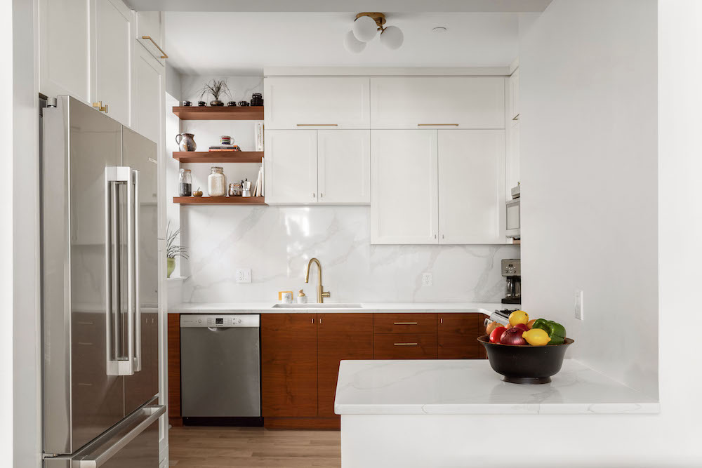 small kitchen remodel with walnut custom cabinets and quartz backsplash bedford-stuyvesant