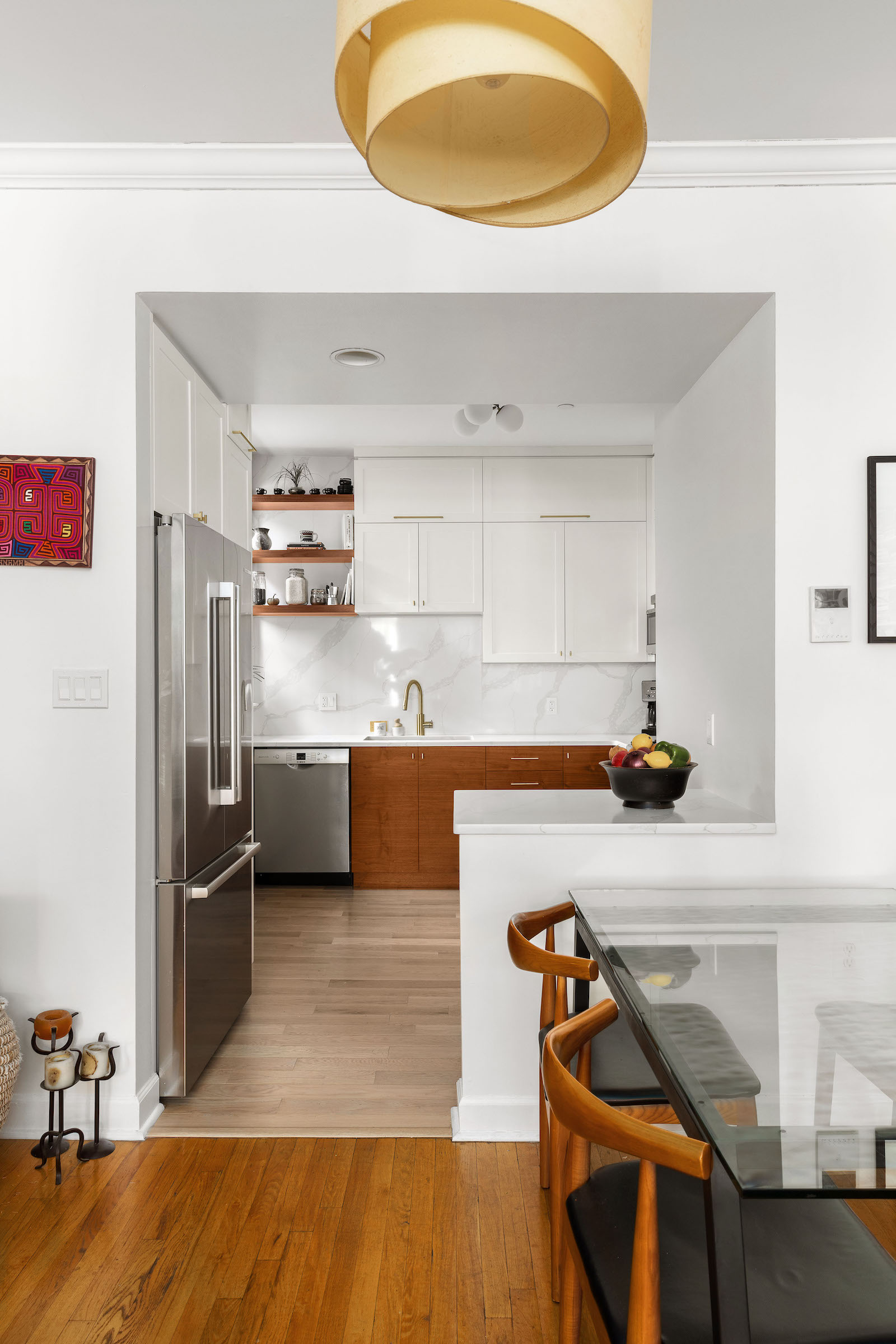 small kitchen remodel with walnut custom cabinets and quartz backsplash bedford-stuyvesant