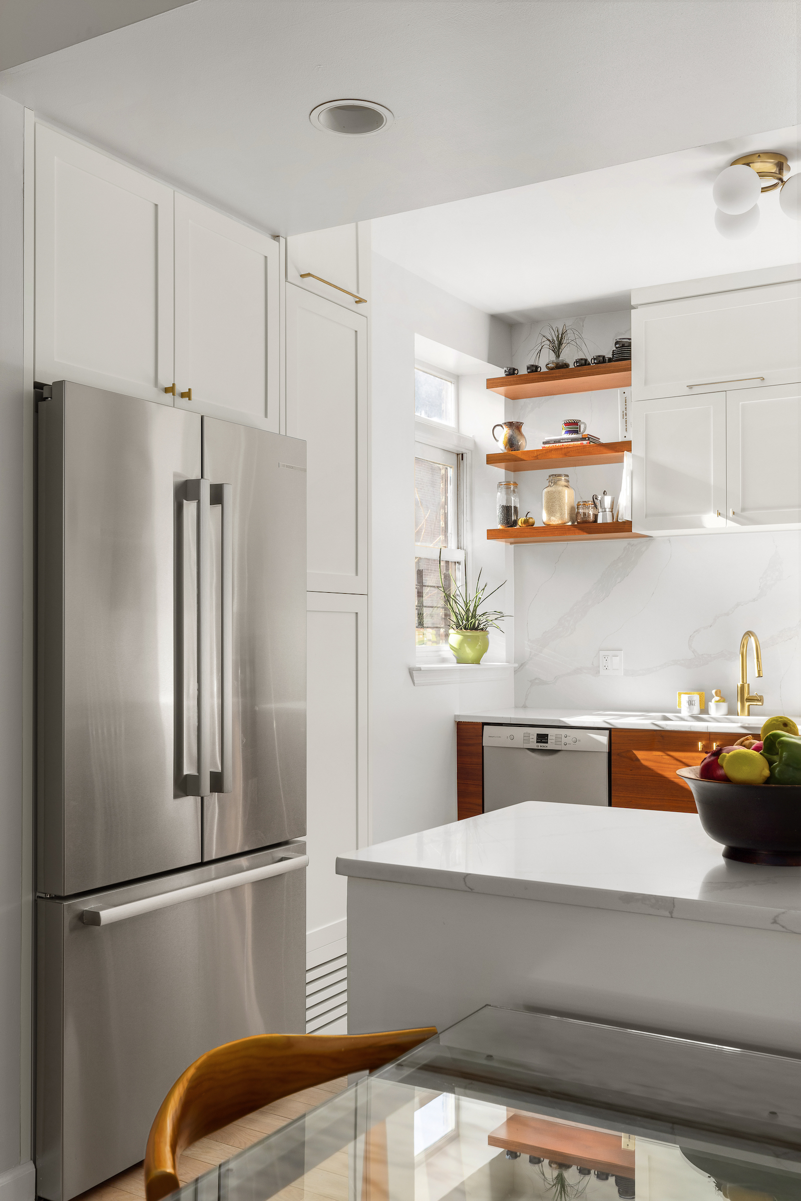 kitchen with walnut open shelves and white cabinets bed-stuy