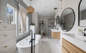 bathroom remodel in houston with two vanities and soaking tub