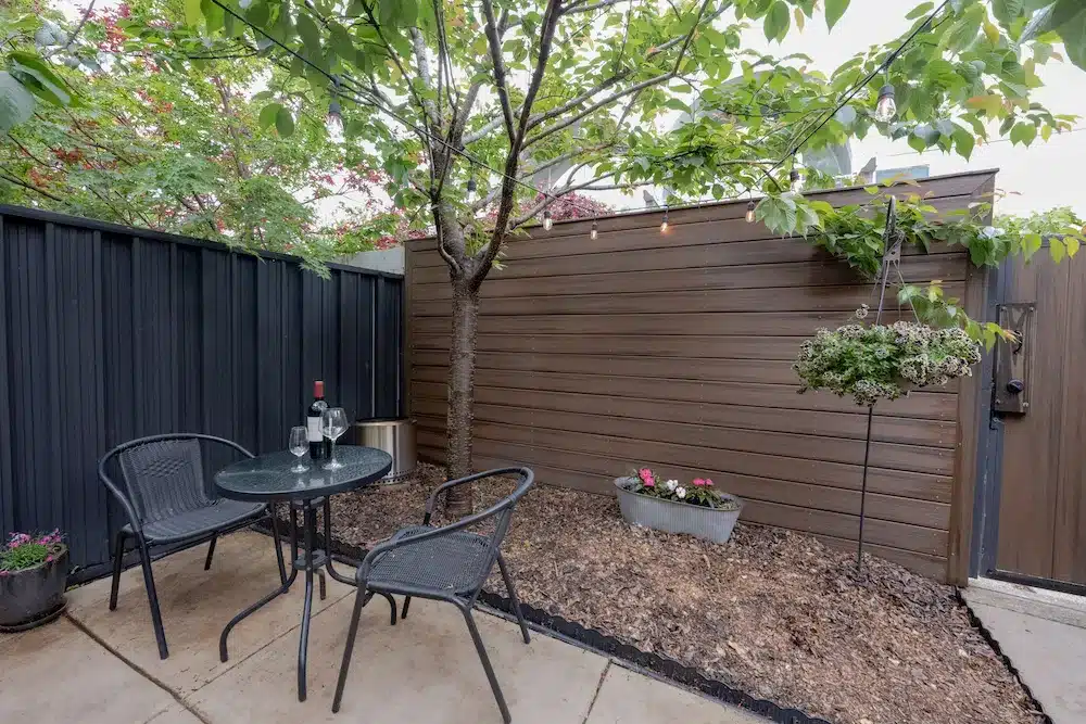backyard seating and tree in DC townhouse