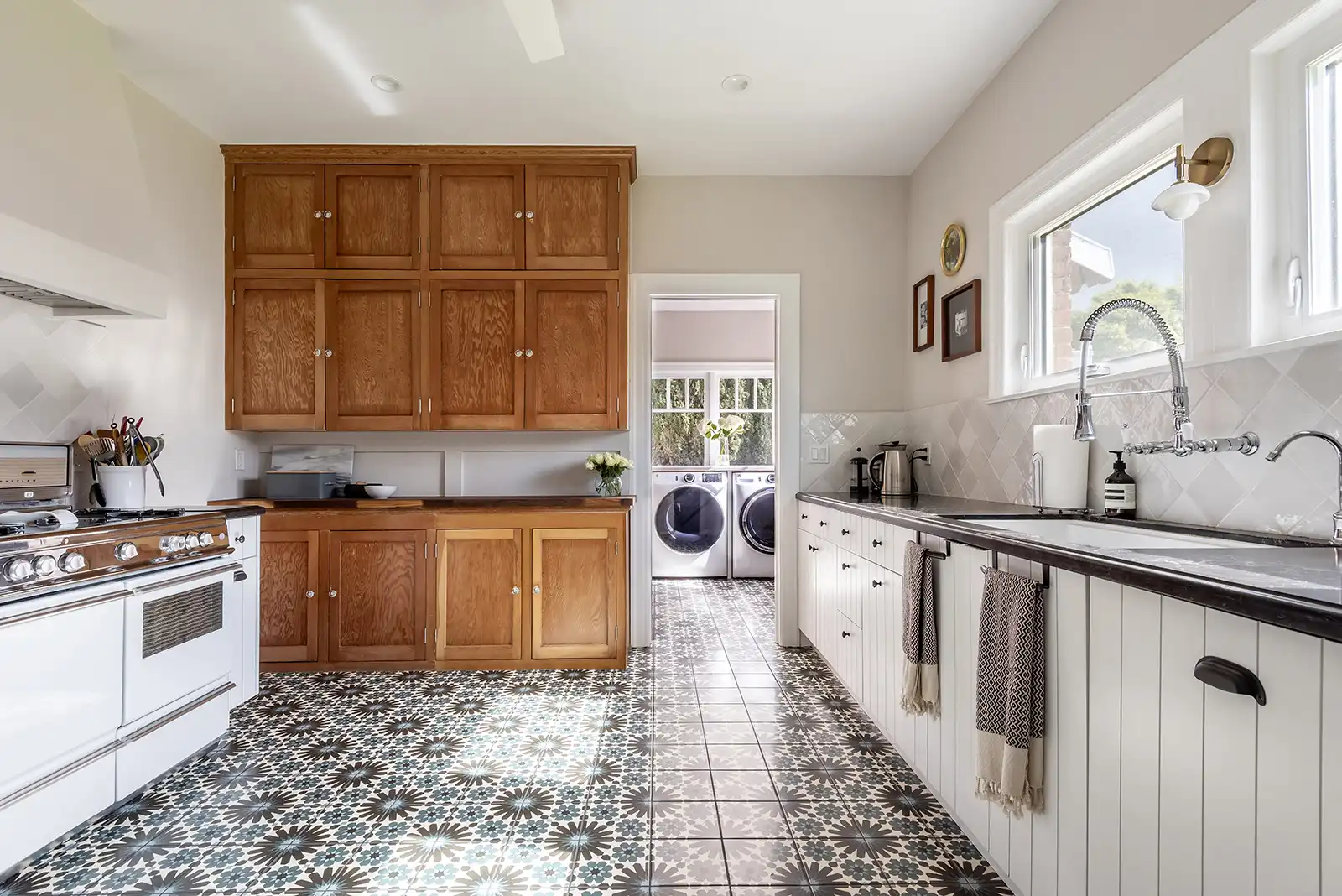 kitchen with patterned floor tile in home remodel in mid city