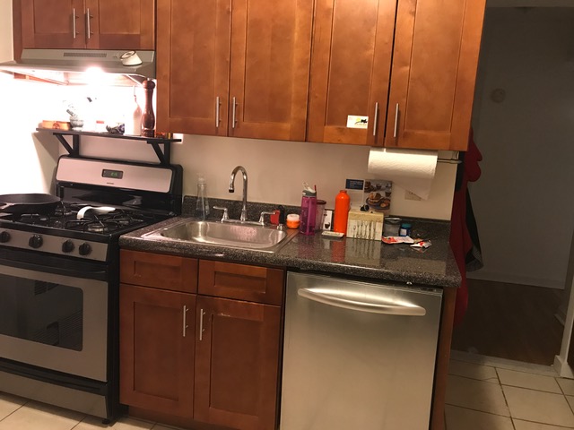 Brooklyn kitchen before the remodel, with dark cabinets, a tight sink wall, stainless appliances, and no kitchen peninsula seating or open flow yet.
