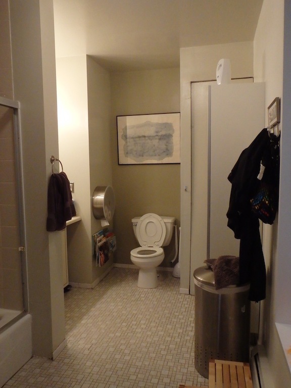 Before view of a Brooklyn bath with small floor tile, tub-shower, toilet alcove, and wall hooks before gray slate tile and smarter storage updates.